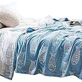 MEJU Fish Blue Muslin Lightweight Summer Blanket for Bed Sofa Couch 100% Combed Cotton 3 Layer Soft Warm Quick Dry Throw Blanket Bedspread Bed Coverlet Sheet Twin 60 in X 80 in