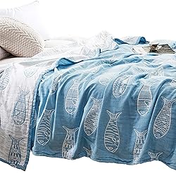 MEJU Fish Blue Muslin Lightweight Summer Blanket