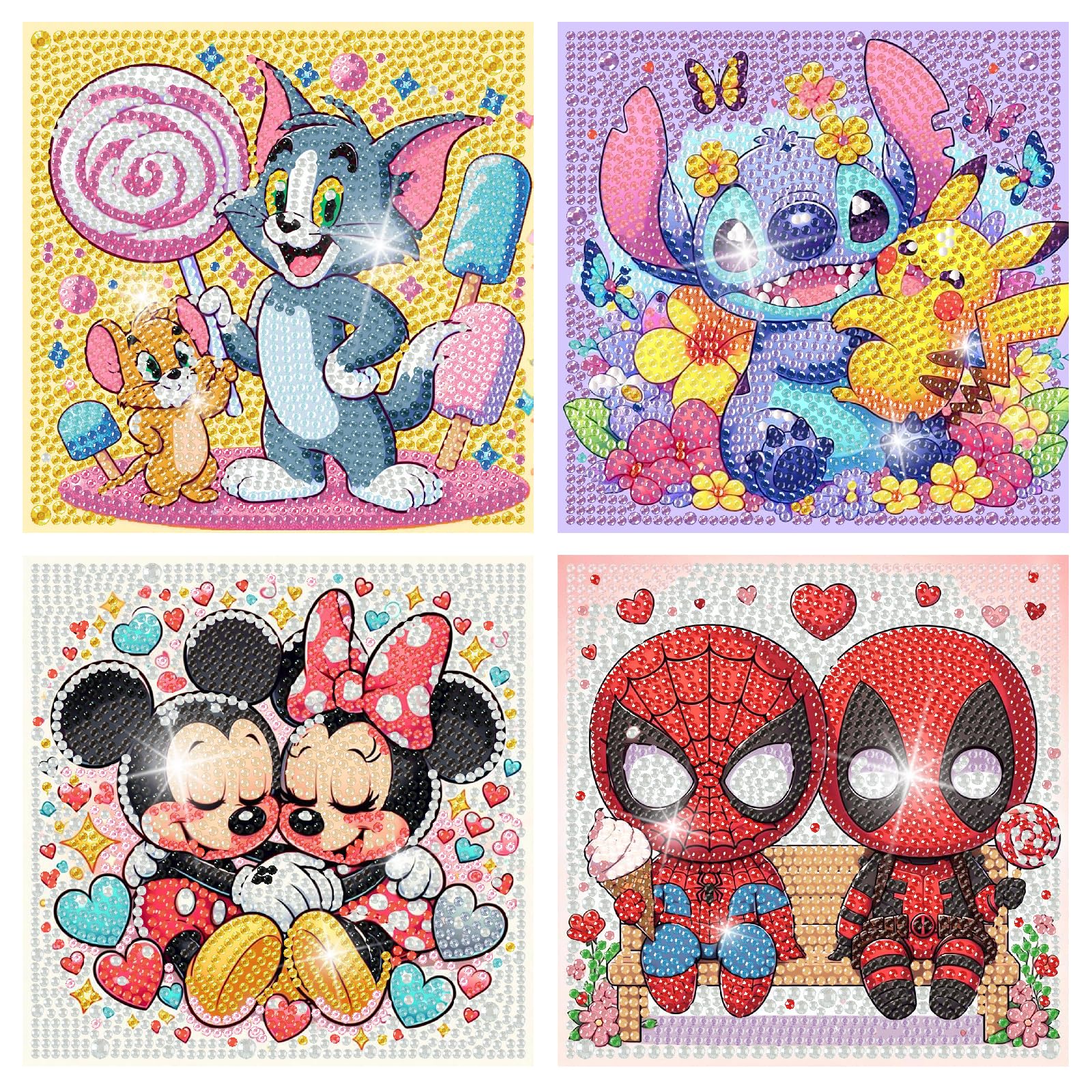 Fuinkqe 4 Packs Cartoon Diamond Art Kits for Kids,5D DIY Diamond Art Painting Kits for Kids Ages 4-8-12,Mosaic Kits Full Round Drills for Gifts and Home Wall Decor 6X6 Inch