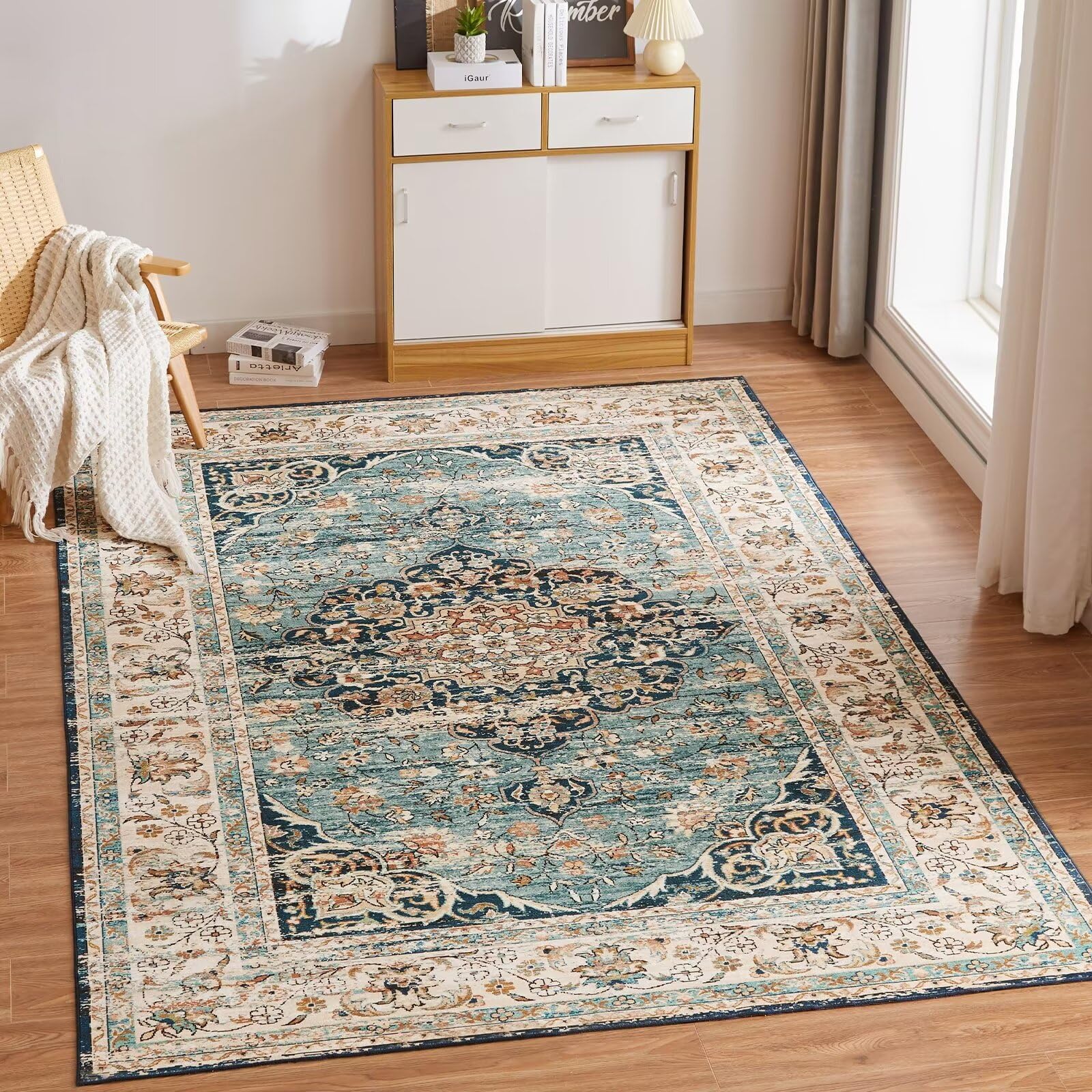 CHOSHOME Machine Washable Rugs for Living Room Large Vintage Area Rugs for Bedroom Soft Short Pile Rugs Non Slip Carpet Traditional Oriental Rug for Kitchen Dining Outdoor 120x170cm Blue Faux Wool Rug