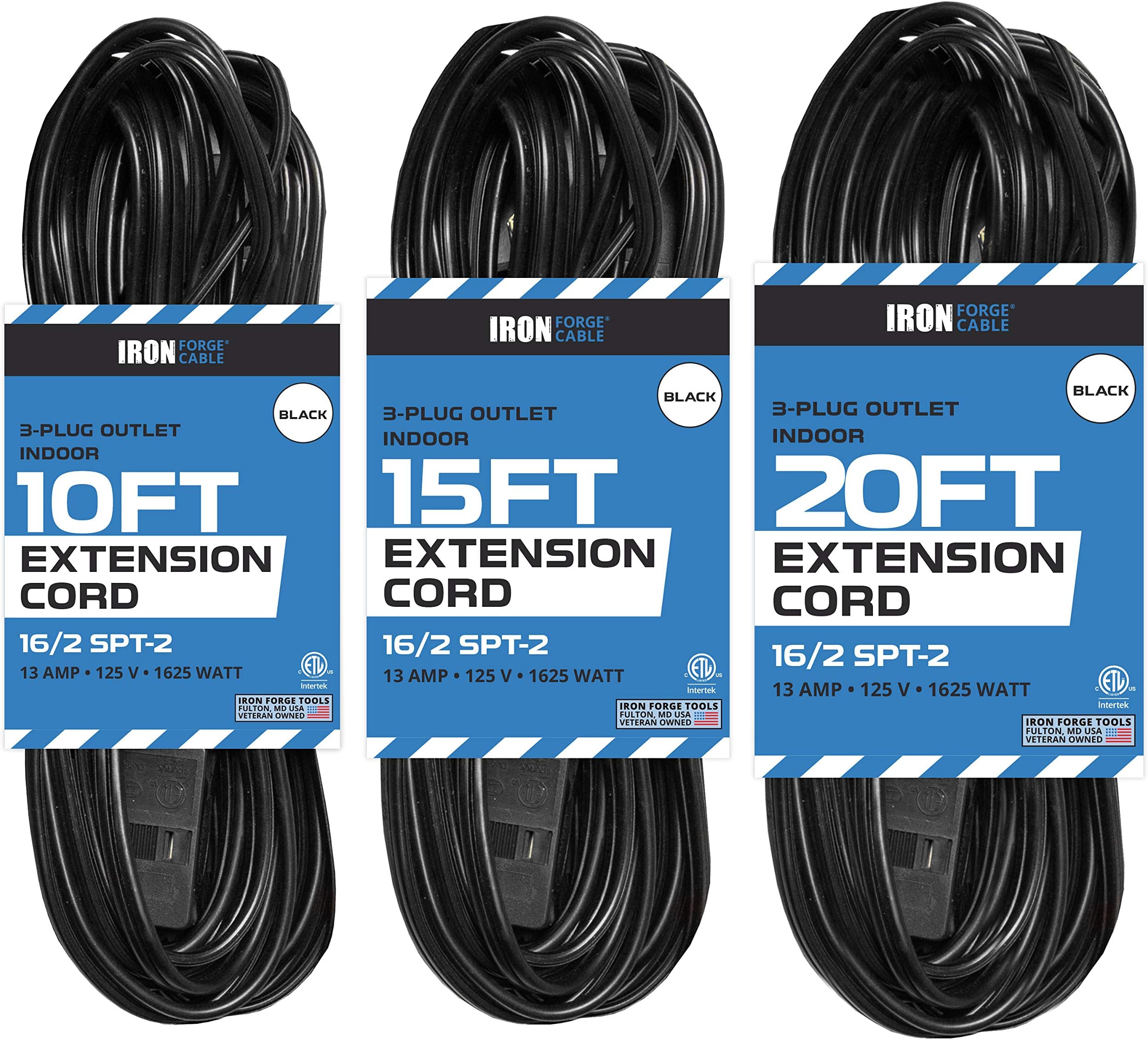 Iron Forge Cable Black Extension Cord 2 Prong 3 Outlet, 3 Pack of 6ft 10ft & 15ft, 16/2 Indoor Extension Cord with Multiple Outlets, 13 AMP 2 Prong Electrical Cable for Home, Office, Dorm