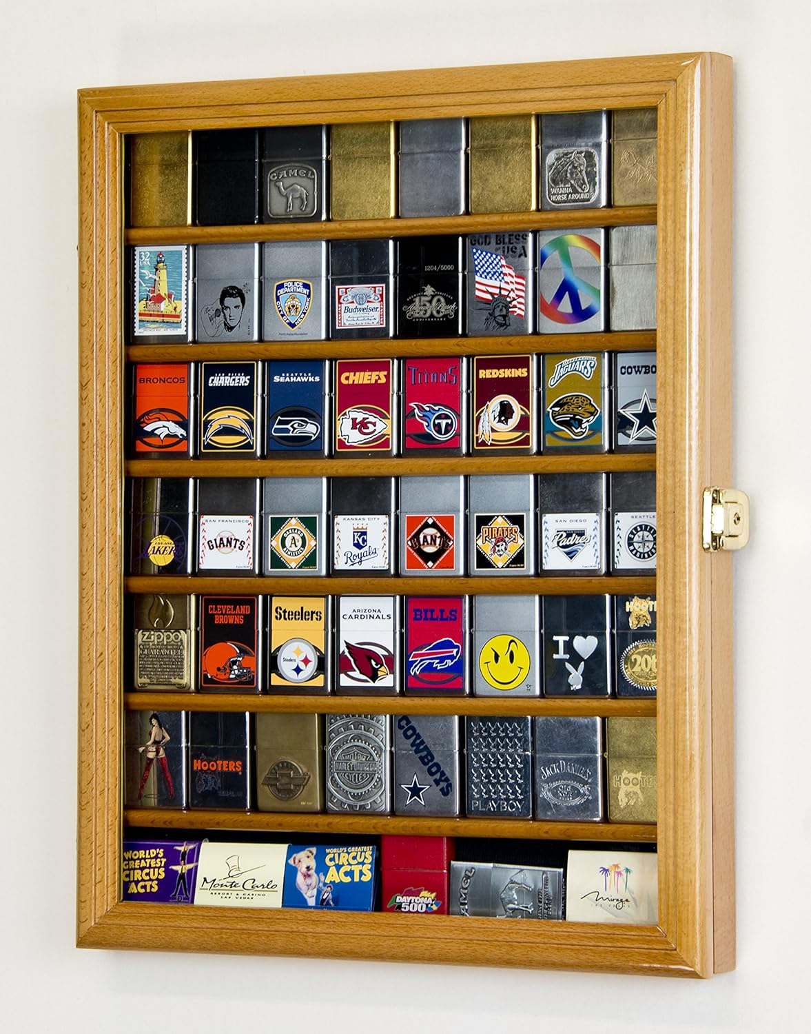 56 Zippo Lighter Display Case Holder Wall Rack Oak