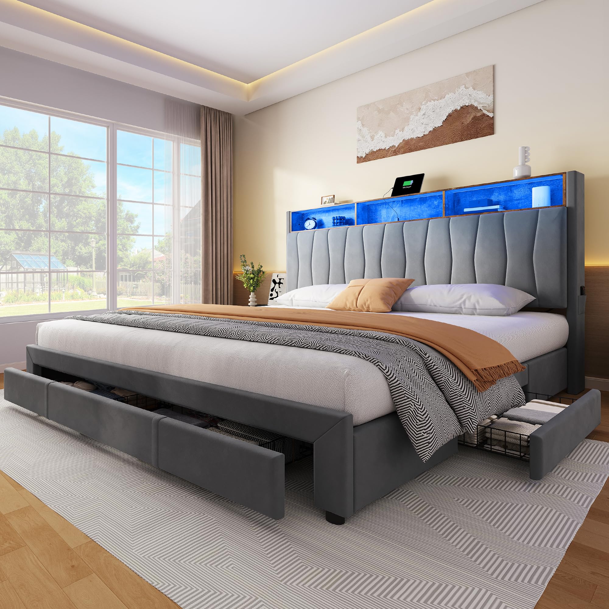 Photo 1 of **see note **YITAHOME King Bed Frame with 3-Drawer, Upholstered Bed Frame with Storage Headboard, LED Platform Bed with Charging Station, No Box Spring Required, Simple Setup (Grey)