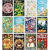 Remagr 12 Pcs Solar Seasonal LED Garden Flags Double Sided Yard Flags Halloween Christmas Fall Thanksgiving Day Decorations Welcome Garden Holiday Yard Outside Lawn Decoration (12 x 18 Inch)