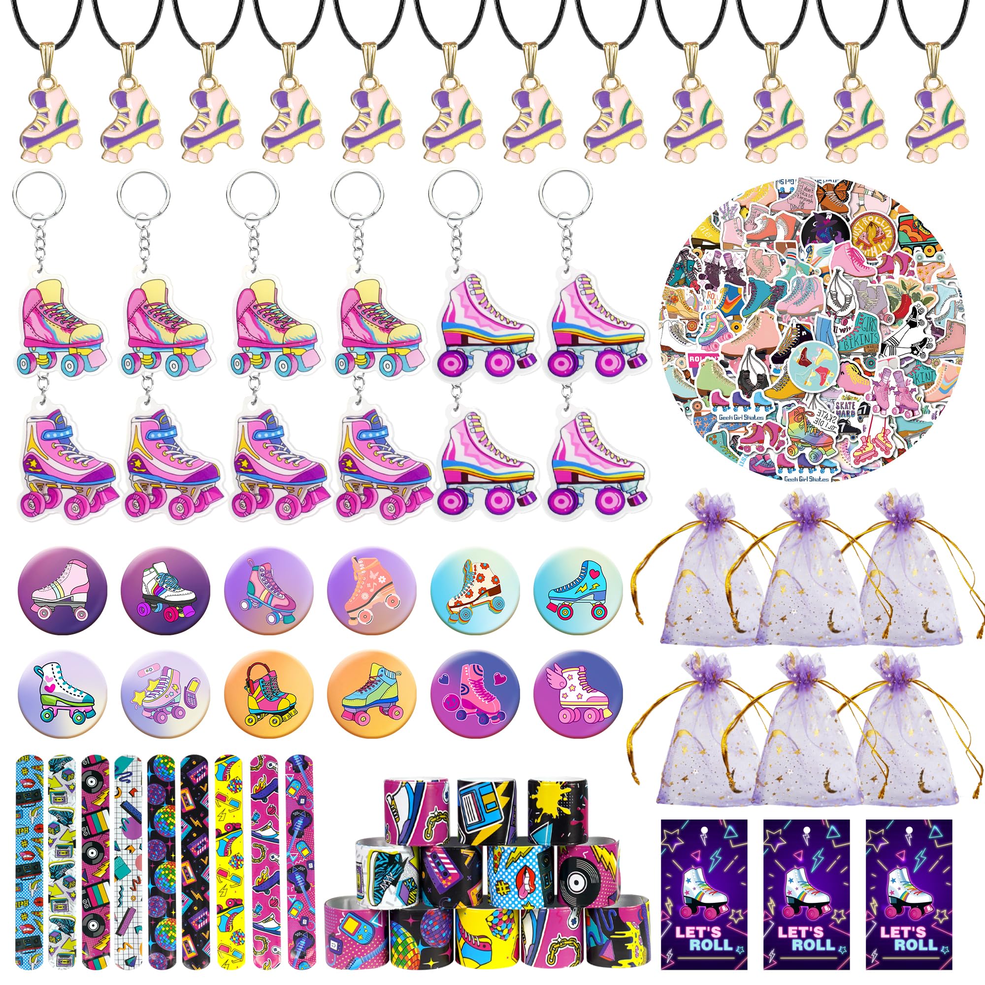Photo 1 of 122 PCS Roller Skate Party Favors Skating Party Supplies with Key Chains Button Pins Stickers Rubber Bracelets for Hip Hop Disco 80s 90s Themed Party (style 2)