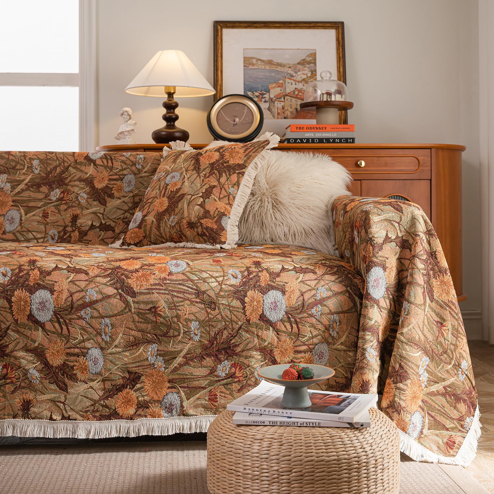Photo 1 of vctops Dandelion Fall Jacquard Sofa Covers for Sectional Sofa Fringe Autumn Harvest Couch Cover for Dogs Loveseat Covers Futon Cover L Shaped Cover Washable Couch Protector (Coffee,71"x91")