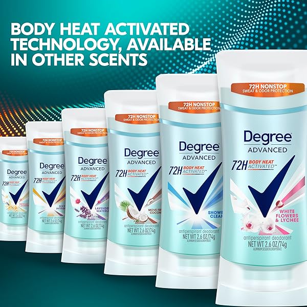 DEGREE ADVANCED PROTECTION ANTIPERSPIRANT DEODORANT WHITE FLOWERS & LYCHEE FOR 72-HOUR SWEAT & ODOR CONTROL FOR WOMEN, WITH BODY HEAT ACTIVATED TECHNOLOGY, 2.6 OZ