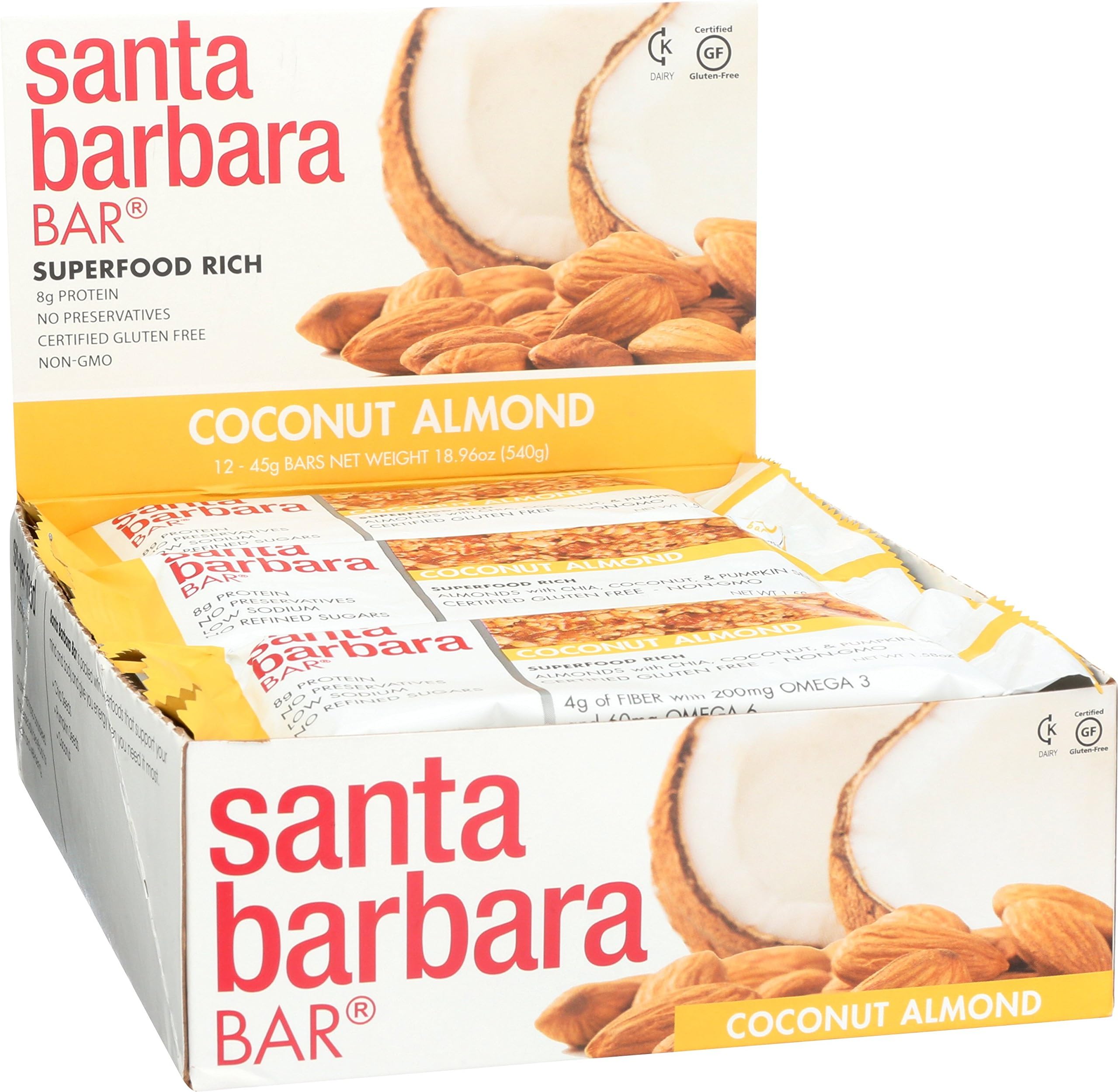 Santa Barbara Bar - Coconut Almond, Superfood Protein Bar, Gluten Free, Non-GMO, 1.58 oz Bar, (Pack of 12)