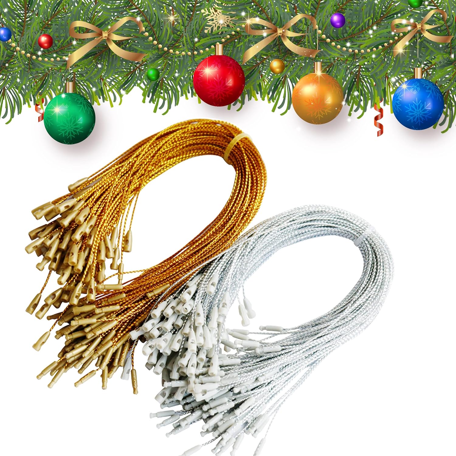 Ornament Hooks - 200Pcs Ornament Hook Hangers Silver Gold Precut Metallic Ornament String with Snap Fasteners Polyester Ropes for Christmas and Halloween Ornament Day Hanging Decorations- Easy and Fast Locking.