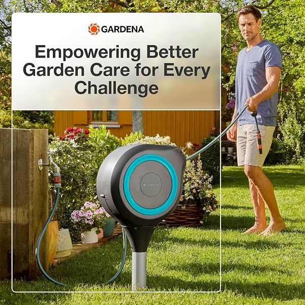 GARDENA AUTOMATIC RETRACTABLE GARDEN HOSE REEL – 66 FEET – 360 DEGREE SWIVEL OUTDOOR HOSE REEL WITH METAL SPIKE BASE – AUTO RETRACT – UV RESISTANT HOUSING – EASY INSTALL NO TOOLS REQUIRED – 18614