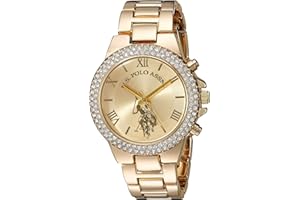 ACCUTIME U.S. Polo Assn. Women's Analog Watch – Gold-Tone Dial with Crystal-Embellished Bezel and Stainless Steel Bracelet – Elegant, Durable, and Adjustable Fit for Wrists 5.5" to 8"