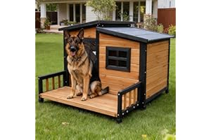 RUNSHED Large Indoor Outdoor Dog House,Wood Insulated Dog House,Weatherproof Outside Shelter with Elevated Floor,Easy to Assemble(39.3" L x 37.5" W x 30" H)