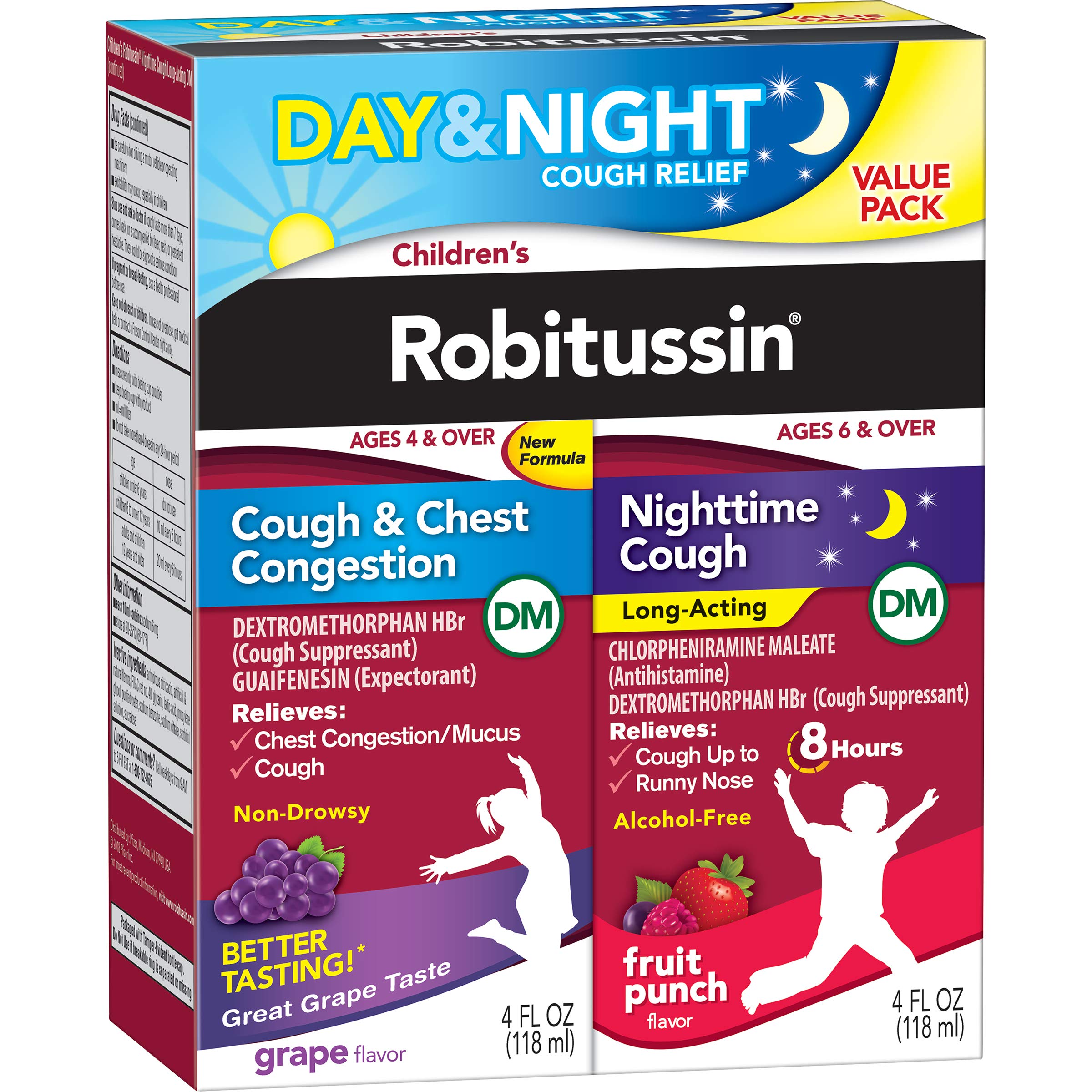 Children's Robitussin DM Day and Night Cough Relief Value Pack, Cough Medicine, Grape/Fruit Punch Flavor - 4 Fl Oz x 2