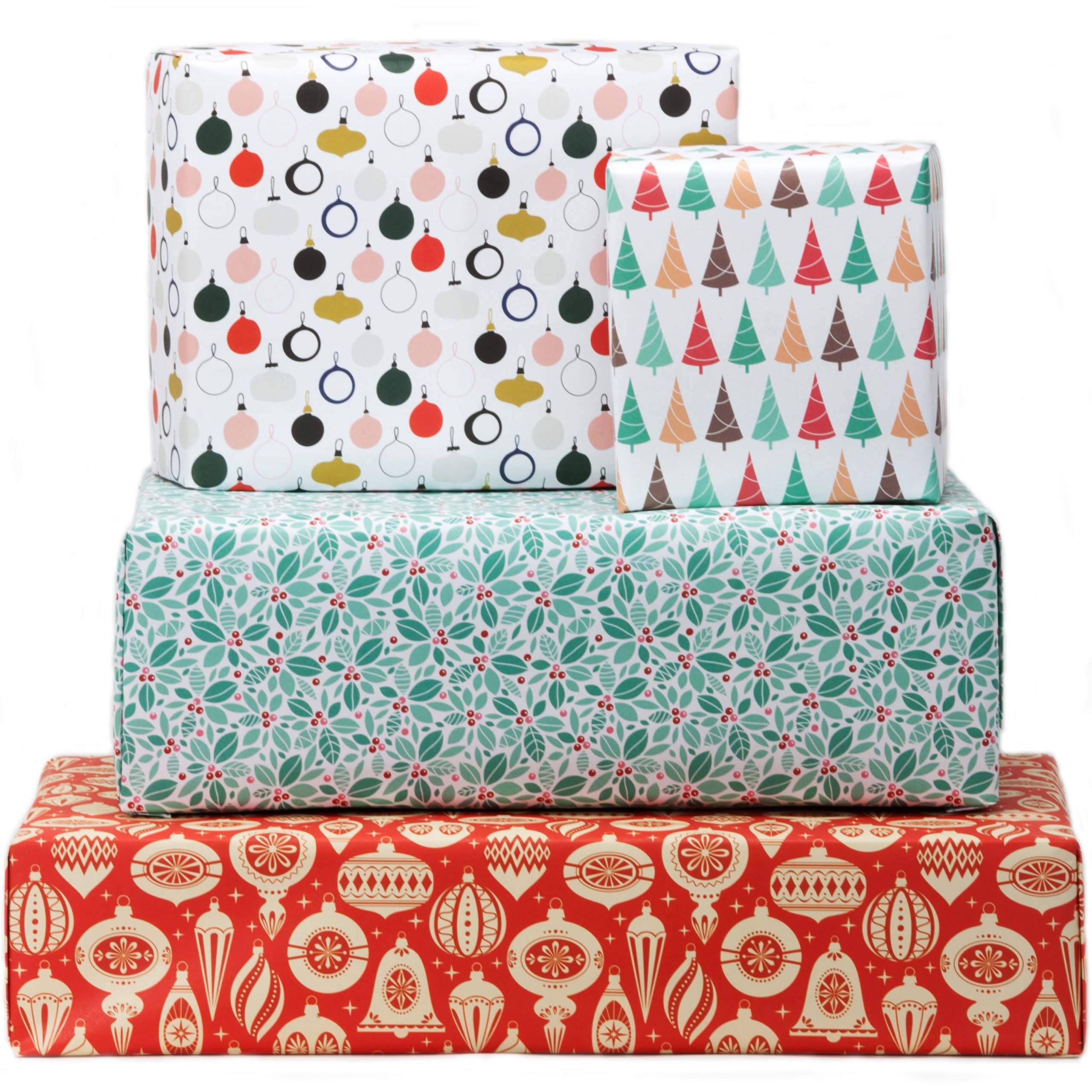 4 x Luxury Eco Wrapping Paper Christmas Vintage - Premium Recycled and Recyclable Xmas Gift Wrap Sheets 70cm x 50cm - Green Holly, Red Baubles, Christmas Tree and Ornaments