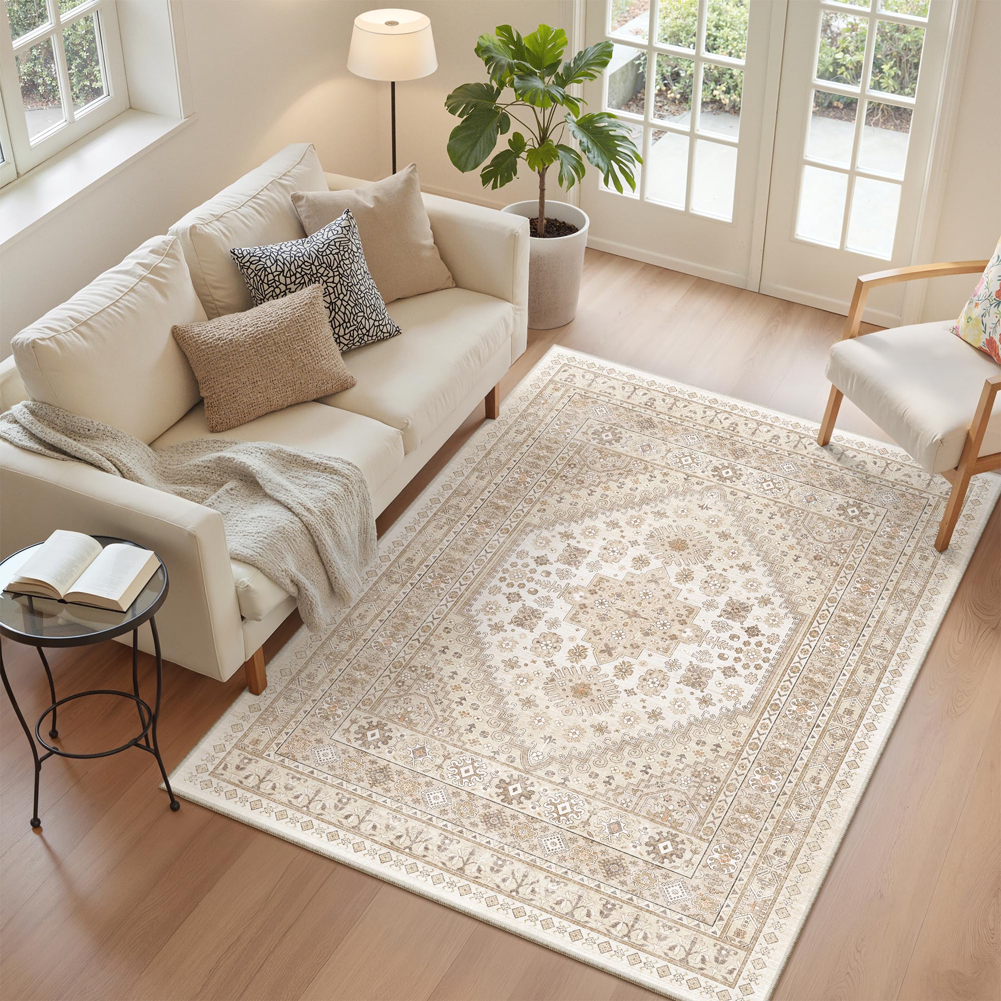 Photo 1 of zesthome 4x6 Rug - Stain Resistant Washable Rug, Anti Slip Backing Rugs for Living Room, Foldable Vintage Small Area Rugs (Cream/Beige,4'x6')
