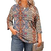 LOMON Plus Size Women Blouses 3/4 Length Sleeve Tops Crewneck Pleated Casual Tees Shirts 1X-5X