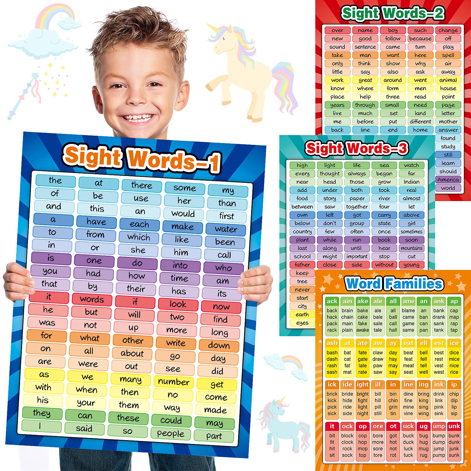 Photo 1 of Yisong 4 Sheets Sight Words Poster Extra Large Educational Word Families Chart Posters Classroom Learning Decoration for Preschool, Classroom, Homeschool, Playroom