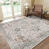 GENIMO 3x5 Area Rugs for Living Room, Machine Washable Non Slip Vintage Rugs, Low Pile Lightweight Chenille Print Rug for Bedroom, Dining Room, Home Office, Light Taupe Brown