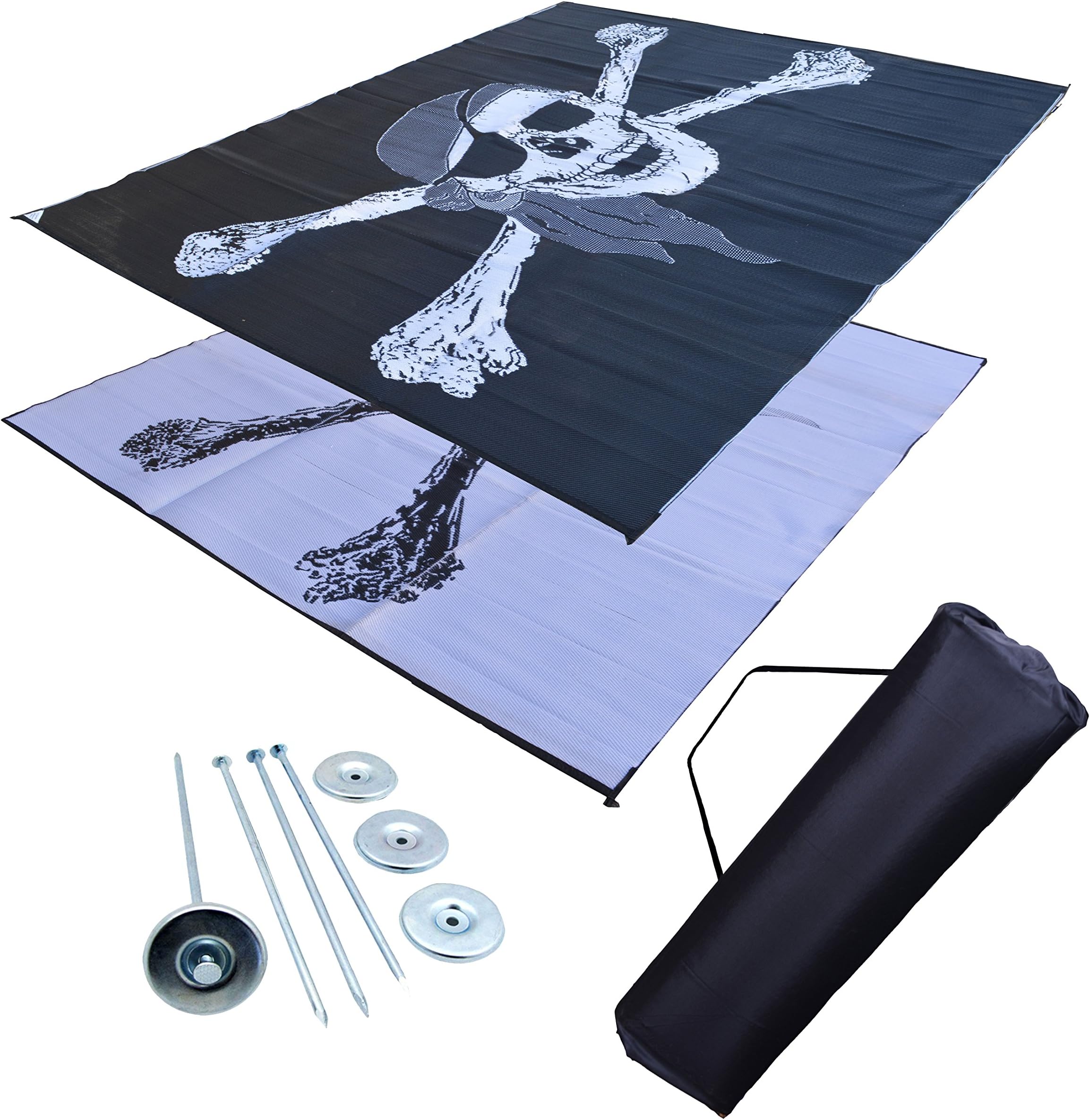 EZ Travel Mats RV Patio Mat Awning Mat Outdoor Leisure Mat 9x12 Pirate Flag Complete Kit