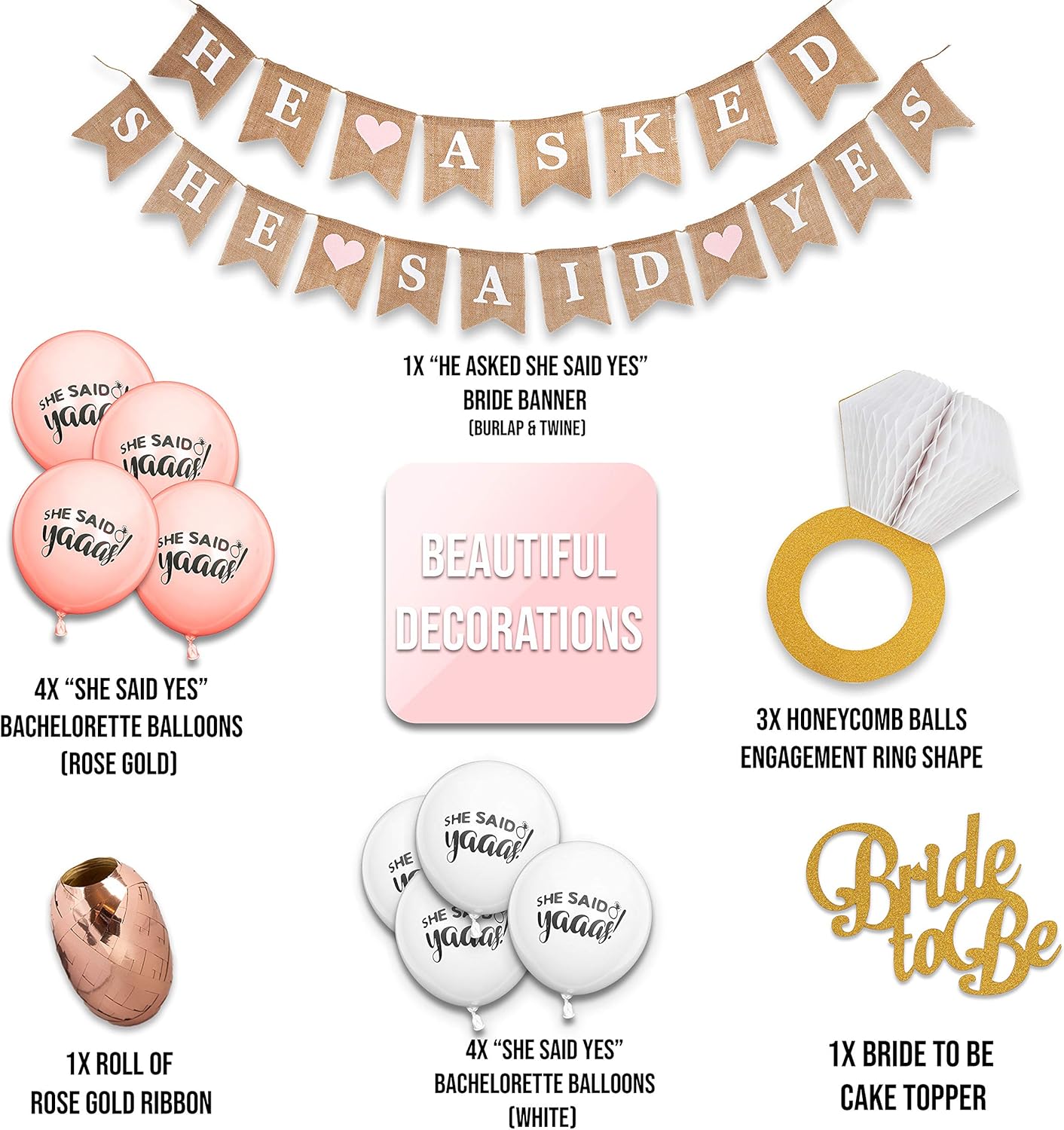 Festively Bachelorette Party Decorations Kit | Bridal Shower Decorations | Wedding Shower Supplies | White and Rose Gold Bachelorette Party Kit | Bride to Be Sash and Bachelorette Decorations: Health & Personal Care