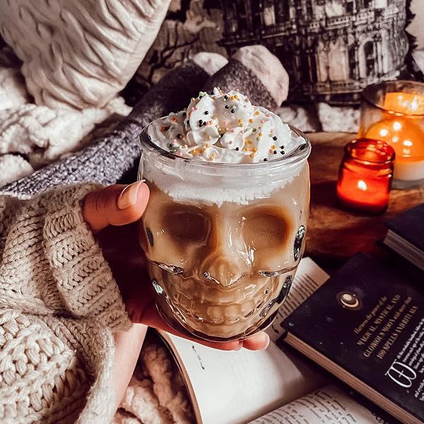 6 PACK – 15 OZ SUGAR SKULL GLASS SUMMERWEEN TUMBLERS – SET OF 6 CREEPY DRINKING CUPS -15 OZ, WITCHY GIFTS, SPOOKY GOTH GIFTS FOR WOMEN, – GOTHIC KITCHEN DECOR, WITCHY BARWARE SKULL JAR