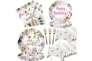 APOWBLS Four Ever Wild Birthday Decorations Tableware Girl - Jungle Animal 4th Birthday Plates Napkins Party Supplies, Plate, Napkin, Tablecloth, Safari 4 Year Old Birthday Party Supplies | Serves 24