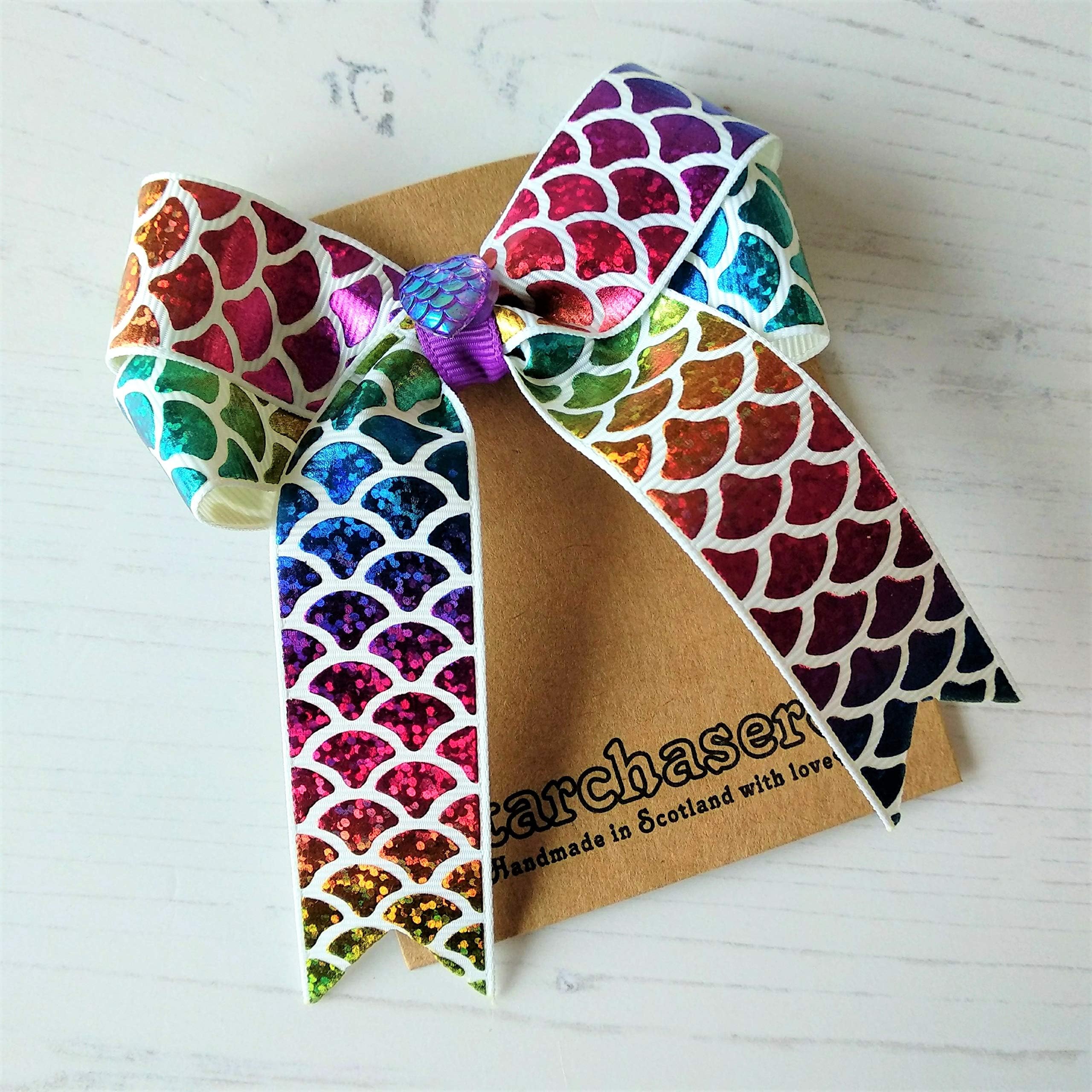 Mermaid Hair Bow, Beautiful shimmery metallic ribbon in Scale pattern. Handmade in Scotland with Love.