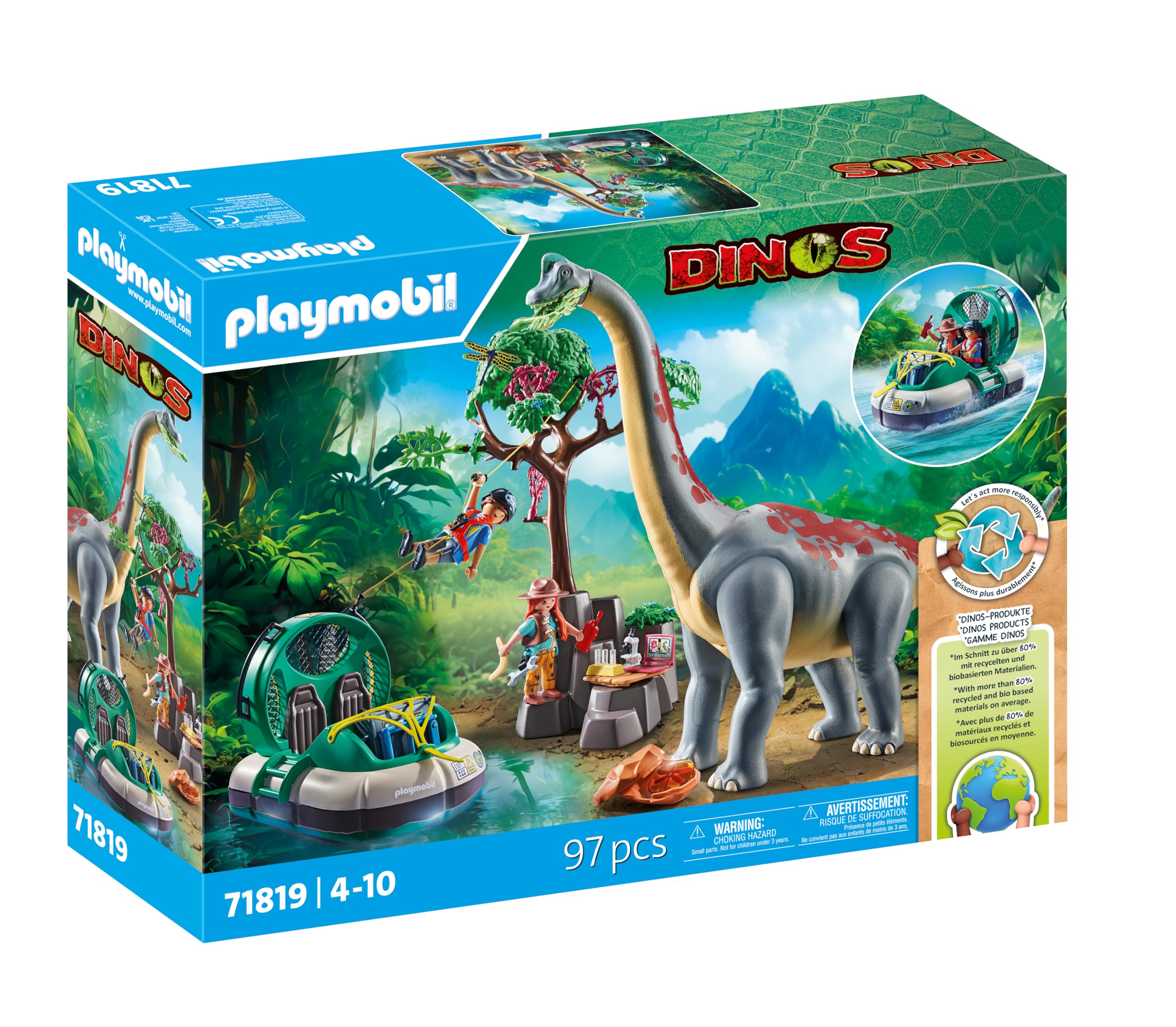 Playmobil | Dinos | Brachiosaurus Encounter with Hovercraft | Dino Playset | Dinosaur Adventure for Kids Aged 4+ | 71819 — image 1