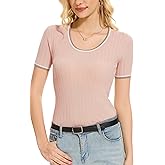 BERESIA Women's Short Sleeve Scoop Neck Tshirts Color Block Slim Fit Ribbed Knit Summer Basic Casual Tee Tops