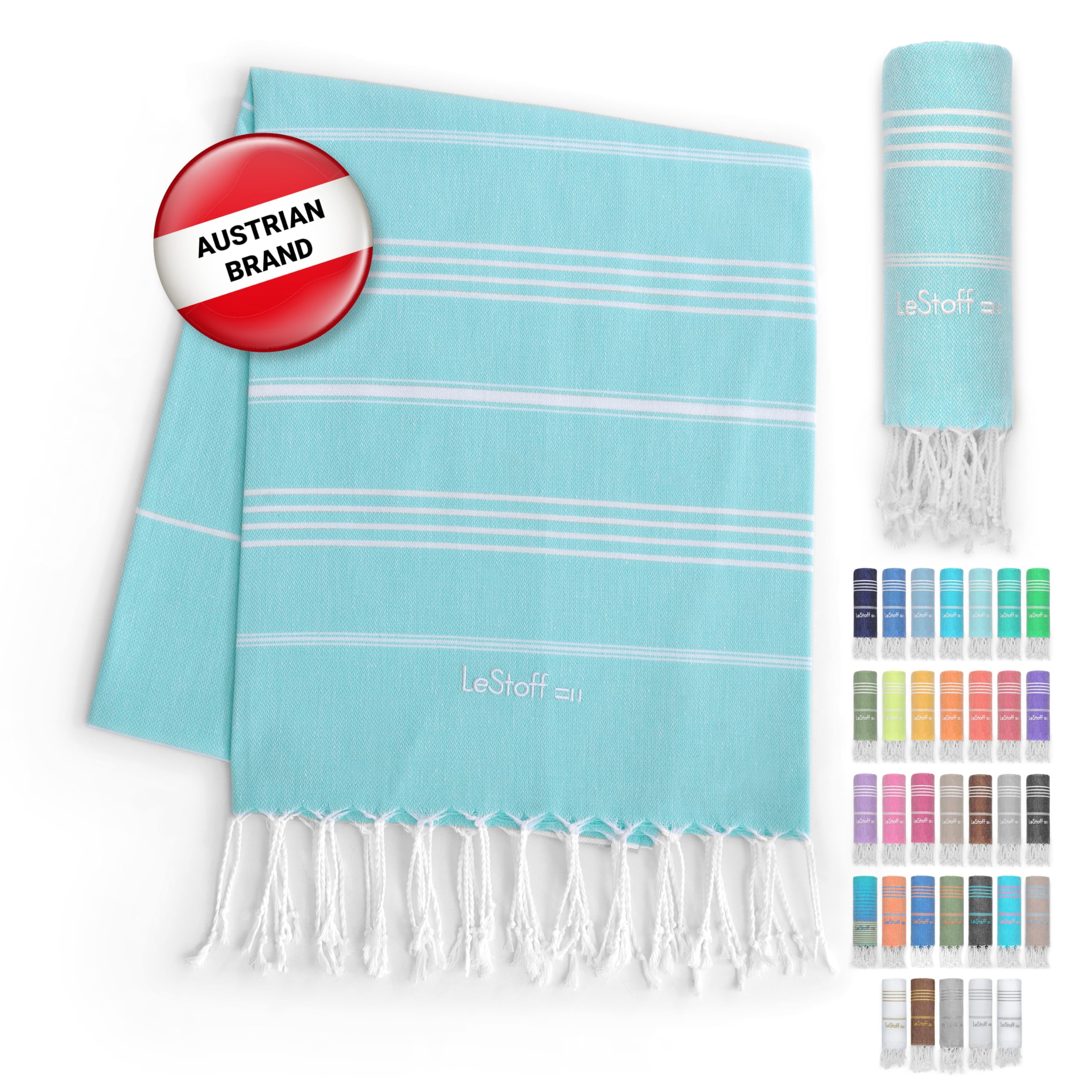 LeStoff Turkish Hammam Towel – 100% organic cotton, 95 x 180 cm, Pre-washed, Absorbent, Quick-drying, Lightweight, Turkish Towel, Hammam Beach Towel, Gym Towel, Beach Throw, Sauna Towel (Light Aqua)