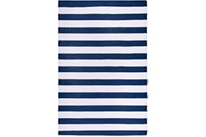 FH Home Outdoor Rug - Waterproof, Fade Resistant, Reversible - Premium Recycled Plastic - Striped - Patio, Deck, Porch, Balcony, Laundry Room - Brittany Stripe - Blue & White Crease Free - 4 x 6 ft