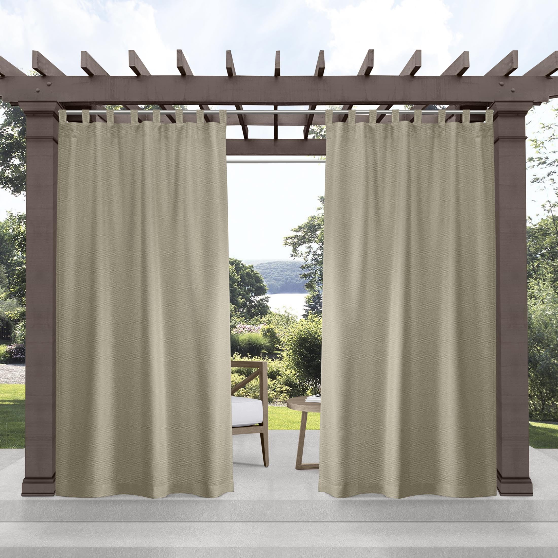 Exclusive Home Cabana Solid Indoor/Outdoor Light Filtering Hook-and-Loop Tab Top Curtain Panel Pair, 54"x144", Taupe — image 1