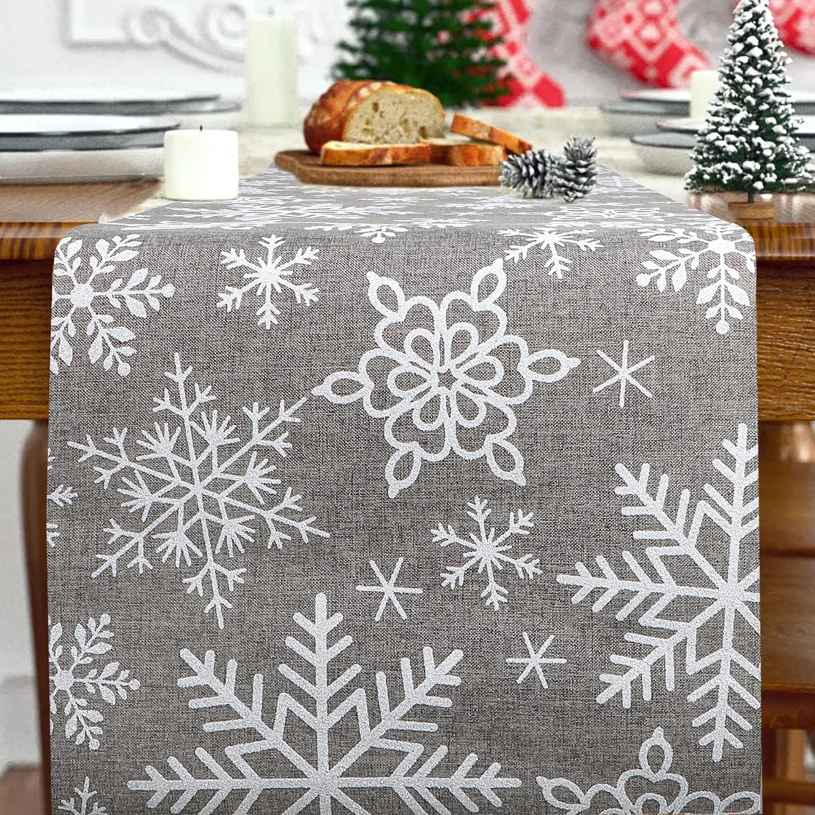 Christmas Table Runner White Snowflakes 11*108 Inches Grey Xmas Table Runner for Xmas Christmas Home DIY Table Decorations