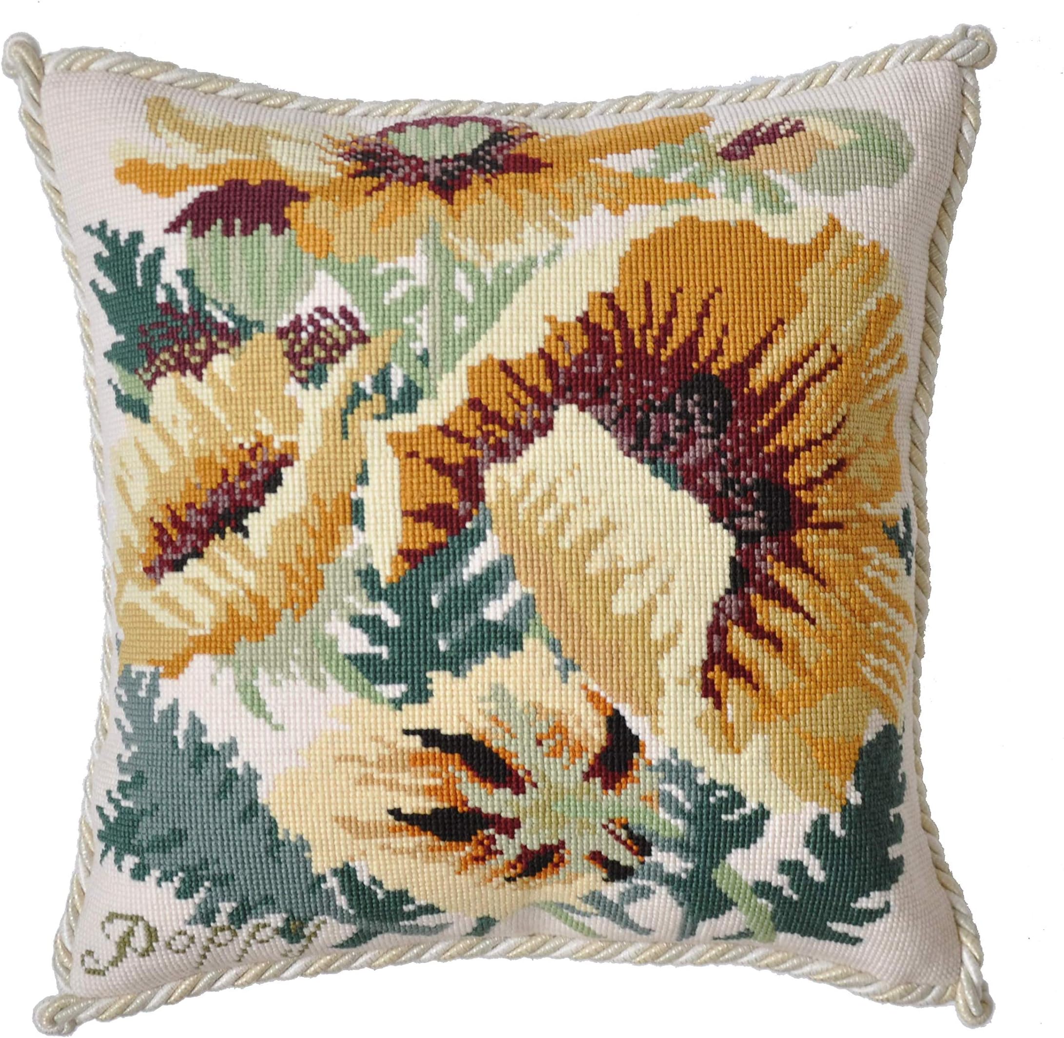 Yellow Poppy Needlepoint Tapestry Kit with Winter White background from Elizabeth Bradley premium English needlework pillow or rug project with 100% wool yarns. The Botanical Garden Collection.