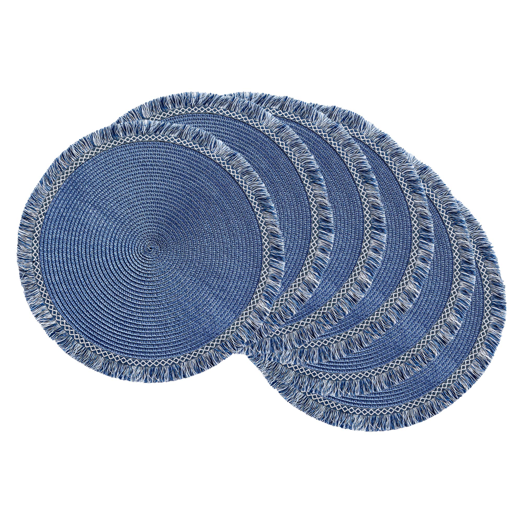 DII Round Fringed Woven Placemat Set, Use for Everyday Family Meals or Special Occasions, 14.5 Inches, Nautical Blue 6 Count