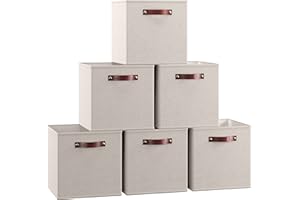 Ornavo Home 13 x 13 Storage Cube Bins, Foldable Collapsible Fabric Storage Bins Box Linen Shelf Basket Cube Organizer for Closet with Leather Handles, 6 Pack, Beige