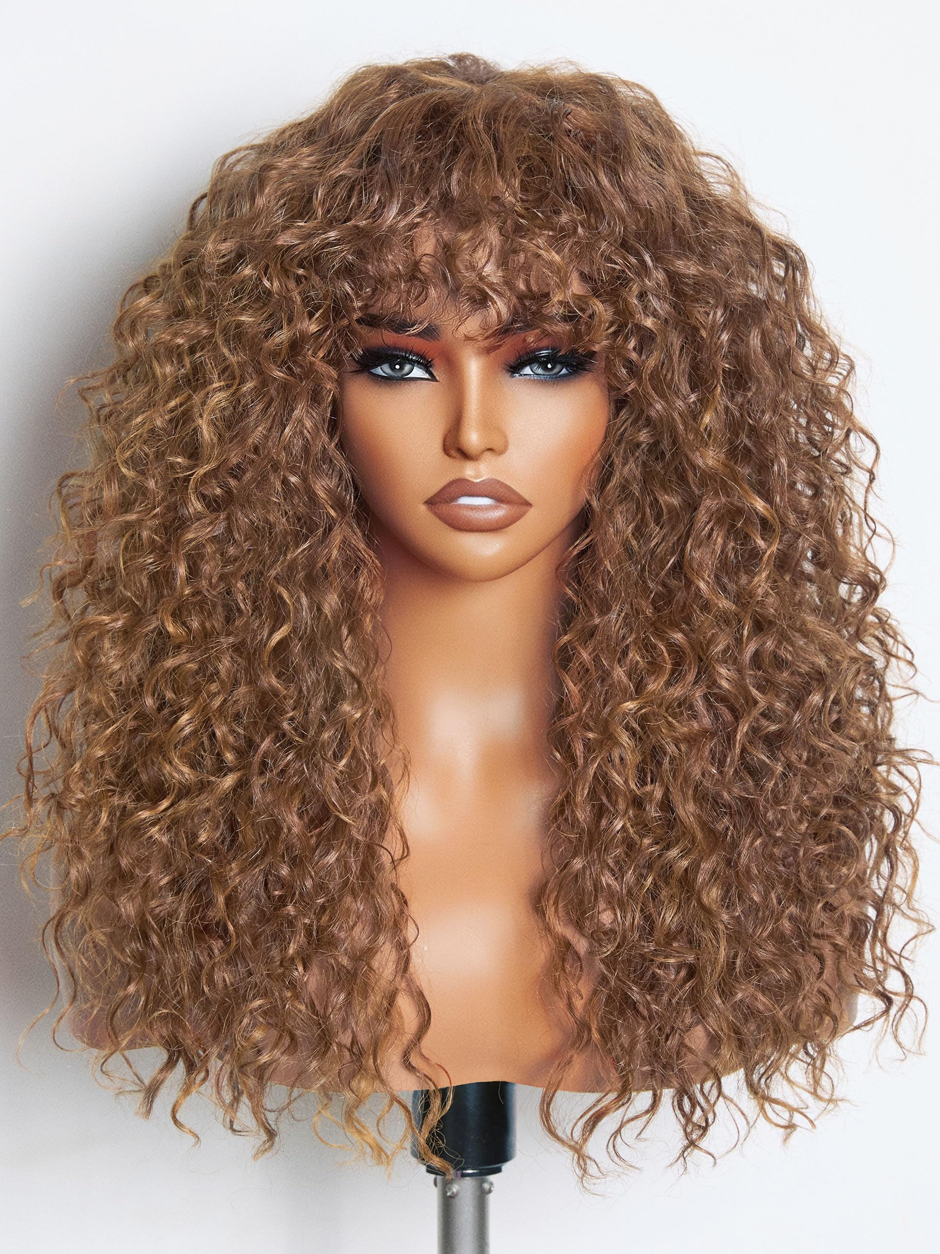 Photo 1 of GORGIUS Veralux Blend Human Hair Curly Wig with Bangs Cinnamon Brown Shaggy Curl Glueless Bang Wig with True Scalp Upgraded with Natural Human-Hair-Like Premium Synthetic Fiber