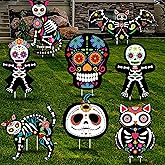 Yerliker 8 Pieces Day of The Dead Outdoor Decorations Yard Signs with Stakes, Halloween Party Supplies Dia De Los Muertos Decor Sugar Skull Skeleton Cat Owl Garden Lawn Decor for Scary(Colorful)