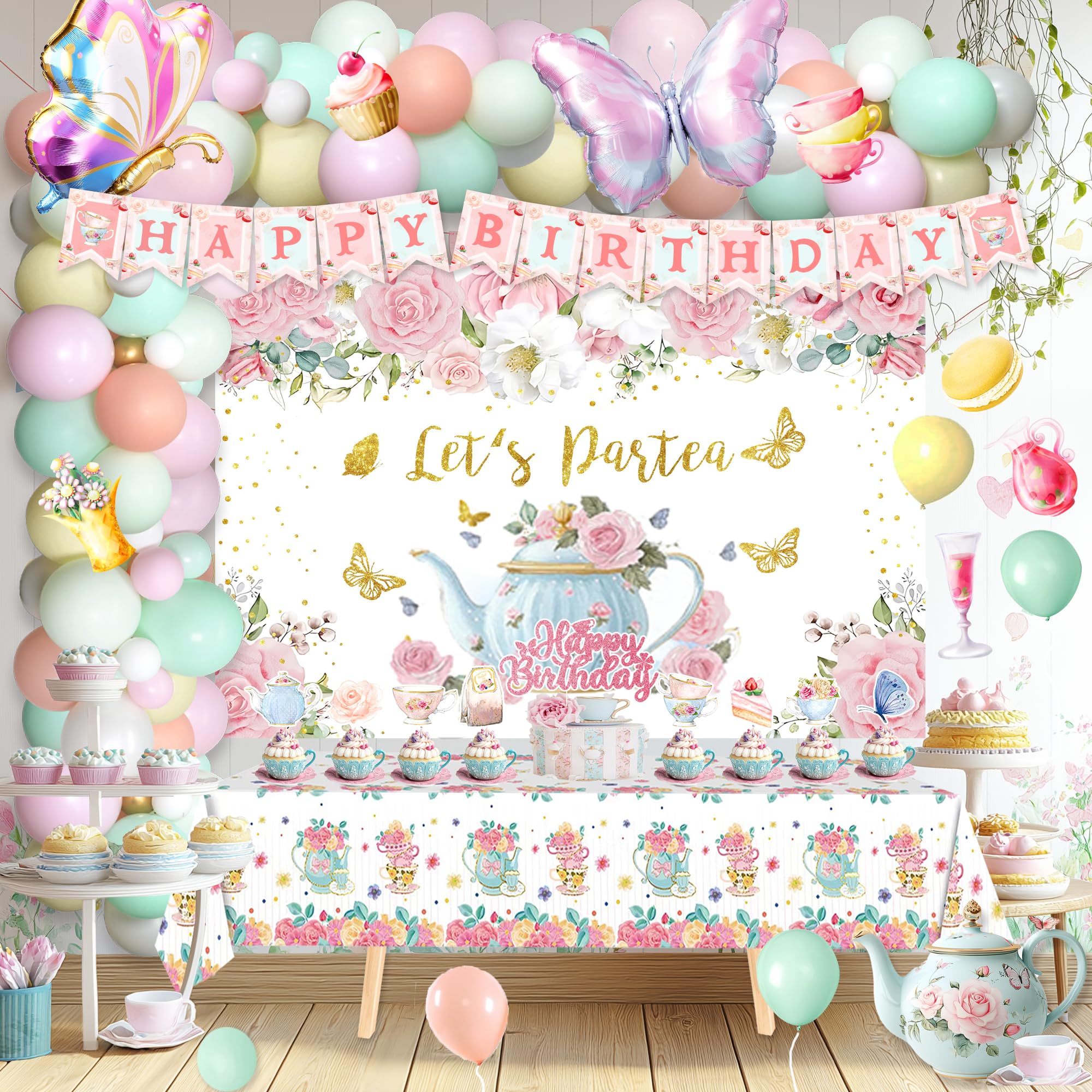 Photo 1 of 126pcs Tea Party Decorations Kit, Let's Partea Birthday Party Decorations, Floral Par Tea Supplies Backdrop Tablecloth Balloon Garland Arch Kit Cake Cupcke Topper Cutout for Tea Birthday Party Girl