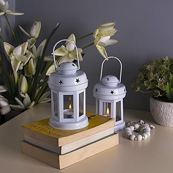 Homesake Star Light Decorative Metal Lantern candle holder for Birthday, Diwali Decoration, Scented - fragrance candles with Glass Decorative TeaLight Candle Stand kit For Home, Room, Bedroom, Bathroom and mandir, Diwali, Decor | Pack of 2 (White)