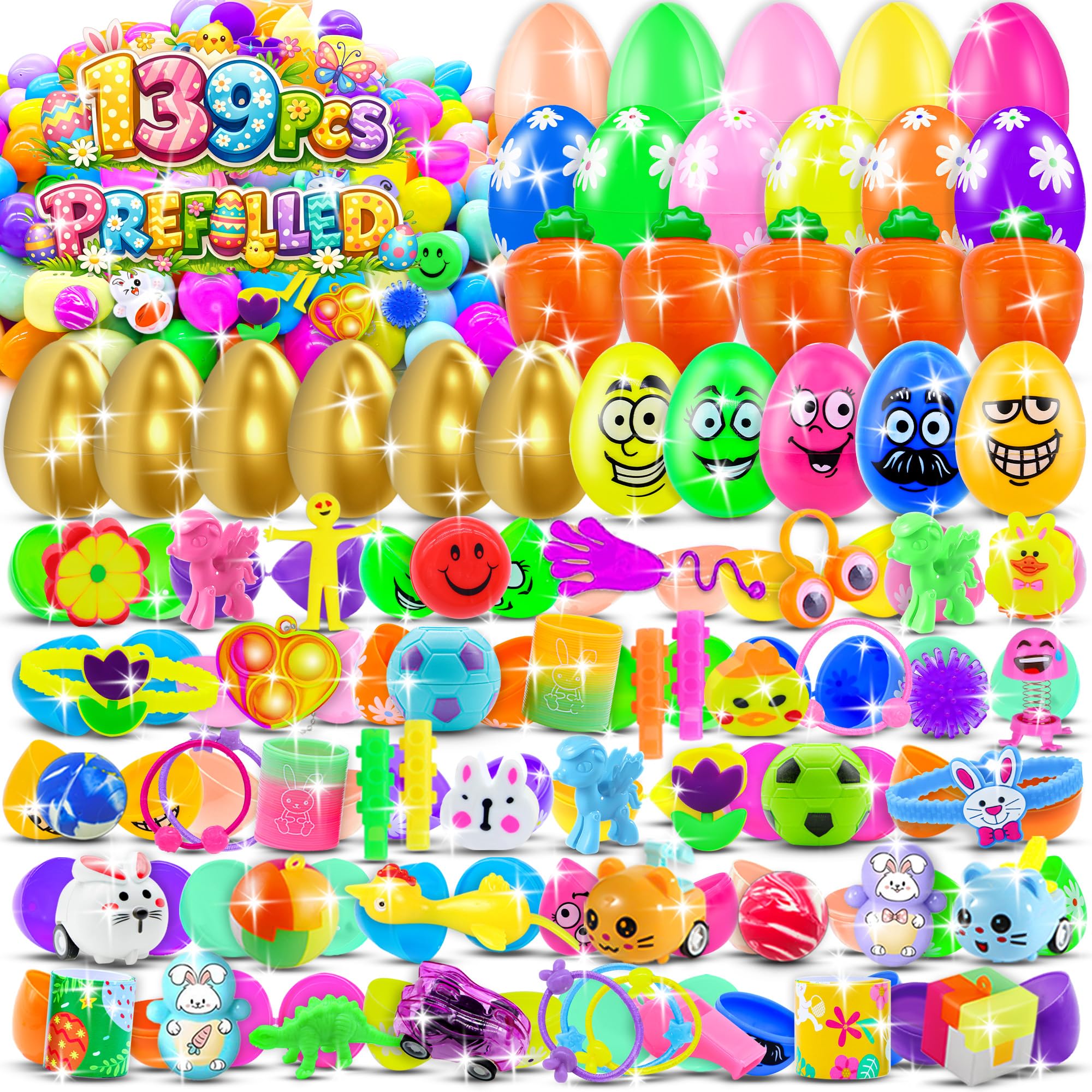 HOLILURE 139 Pack Prefilled Easter Eggs with Toys Inside, Plastic Eggs Fillers Basket Stuffers Easter Eggs Hunt Games Party Favors Gifts