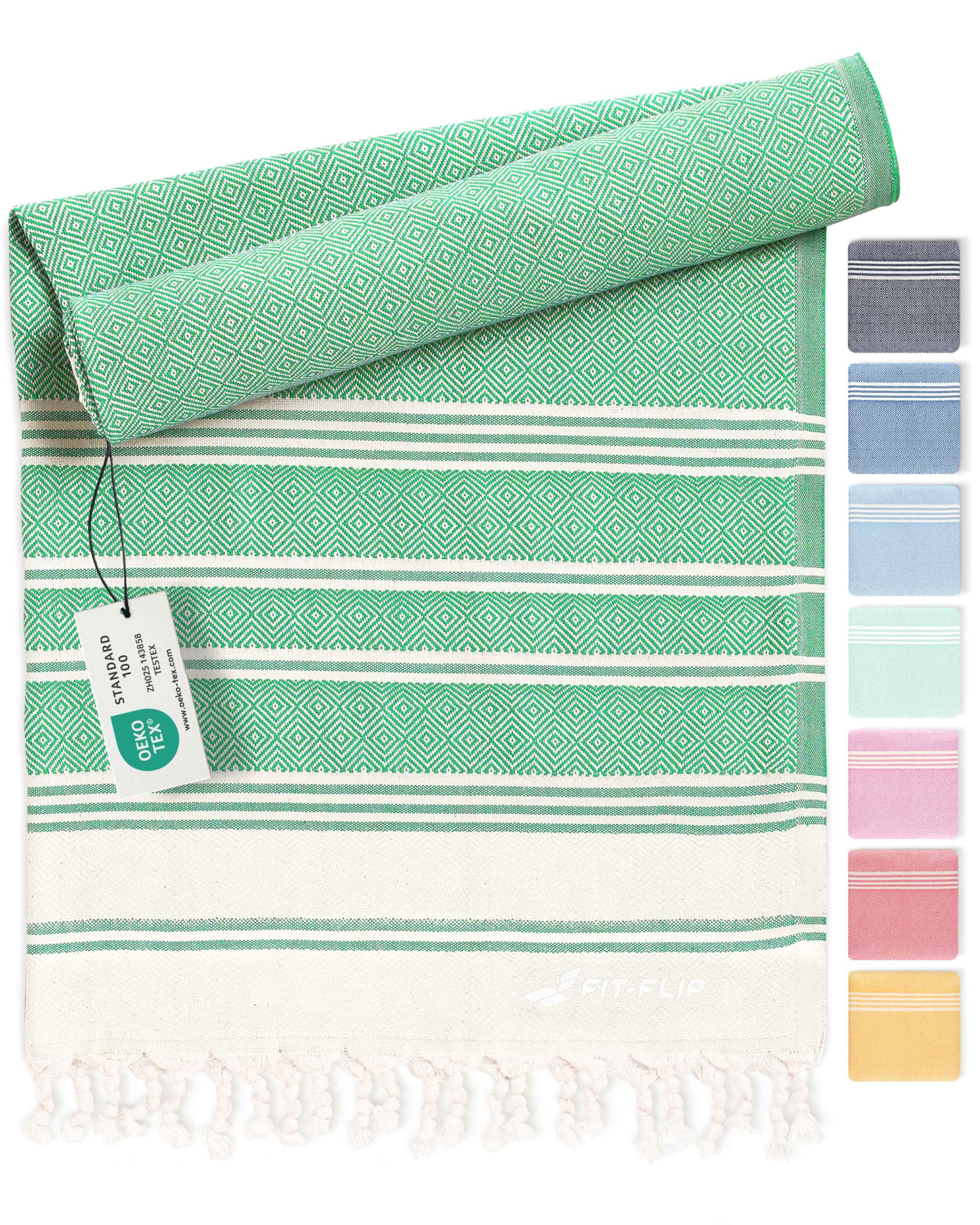 Fit-Flip Hammam Beach Towel XXL Made from 100% Cotton - Quick-Drying Turkish hamam Towels - Large fouta or pestemal Ideal as a Thin Sauna Blanket - Green – 100x200cm Diamond