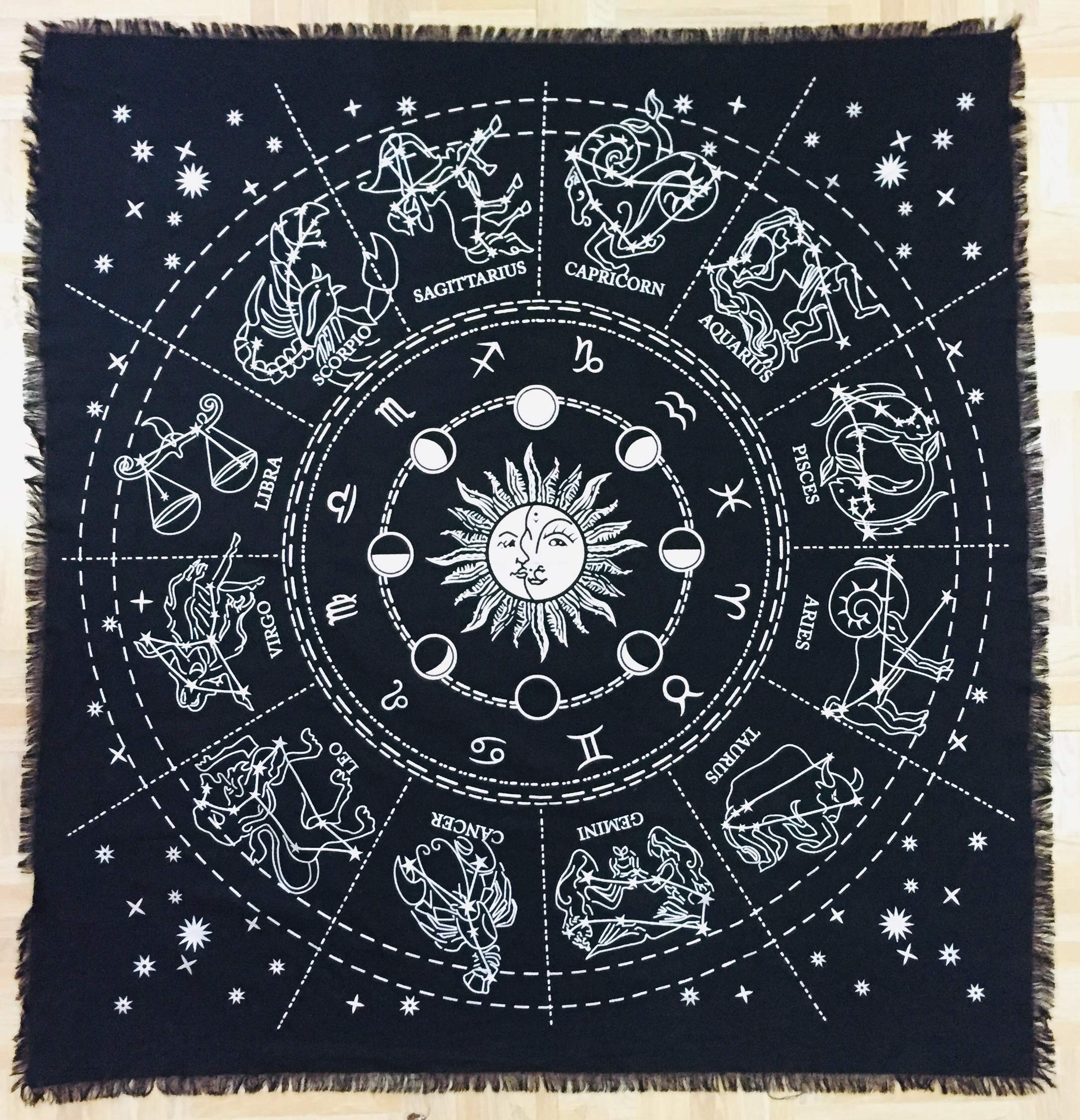 Indian Consigners Altar Cloth Zodiac Astro Witchcraft Alter Tarot Spread Table Cloth Wiccan Spiritual Sacred Cloth (Zodiac Silver)