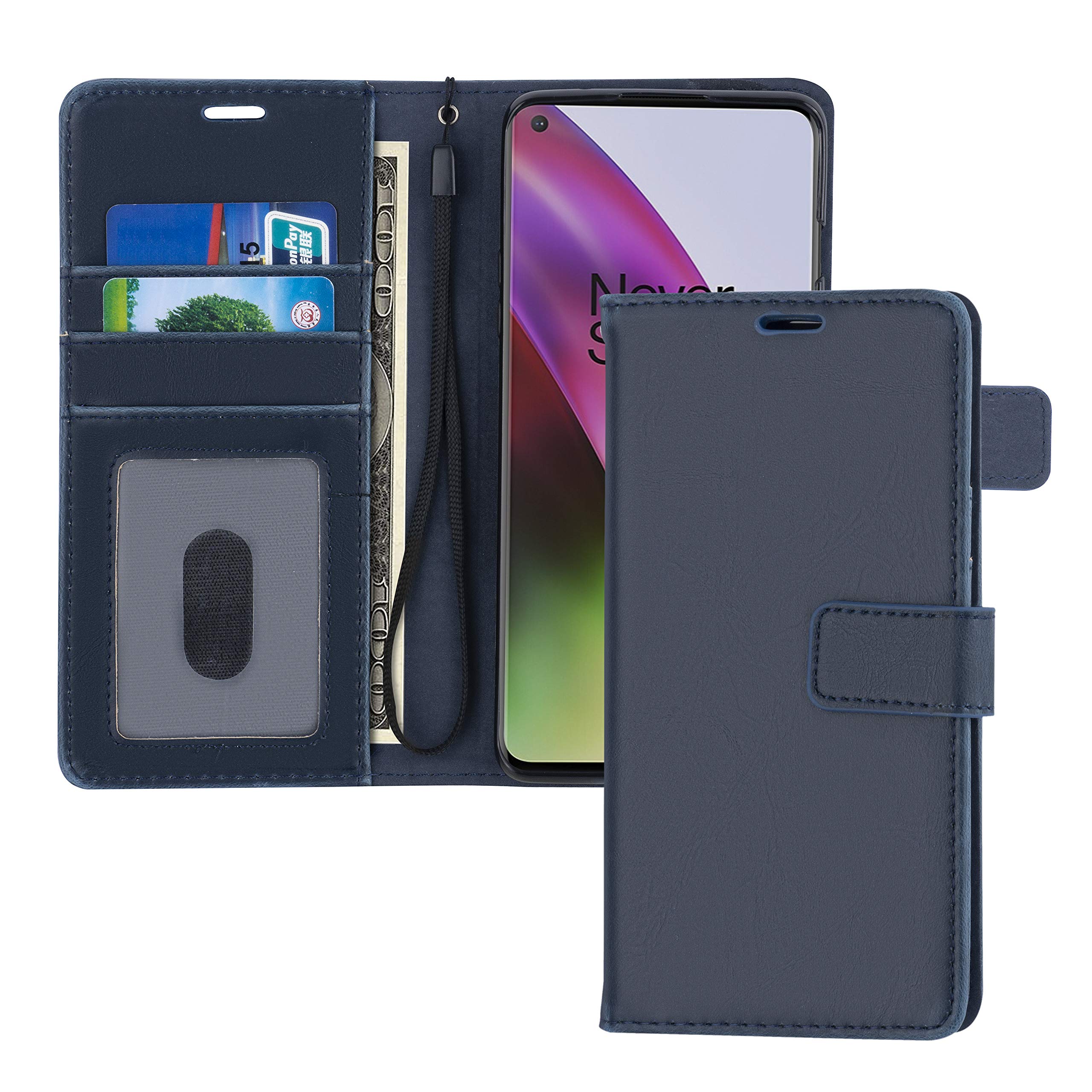 TECHGEAR Leather Wallet Case Fits OnePlus 8, Flip Protective Case Cover with Wallet Card Holder, Stand and Wrist Strap - Navy Blue PU Leather with Magnetic Closure Designed For OnePlus 8