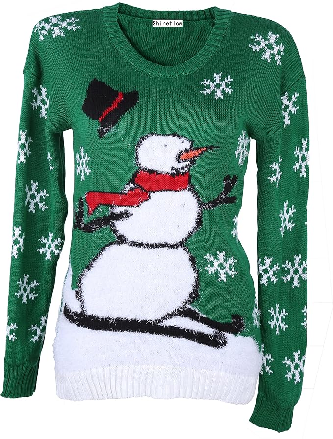 Shineflow Women's Cute Snowman with Scarf Ski in Snow Ugly Christmas Sweater (Large) at Amazon 