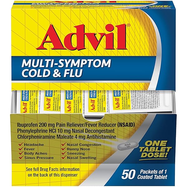 ADVIL MULTI SYMPTOM COLD AND FLU MEDICINE, COLD MEDICINE FOR ADULTS WITH IBUPROFEN, PHENYLEPHRINE HCL AND CHLORPHENIRAMINE MALEATE – 50 COATED TABLETS