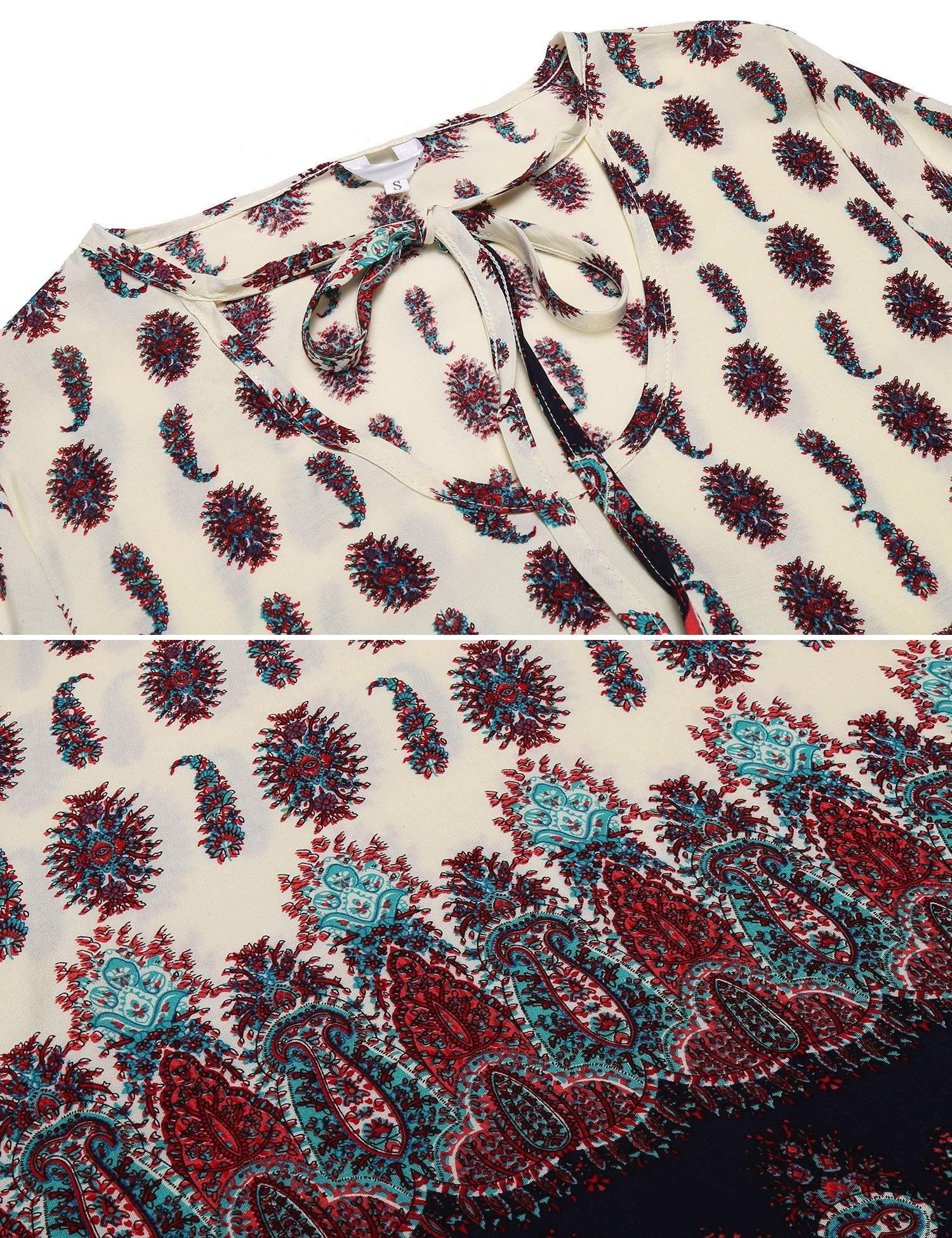 Meaneor Women Bohemian Vintage Printed Ethnic Style Loose Casual Tunic Dress Beige L