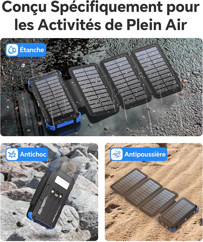 Batterie Externe Solaire 20000mAh avec 4 Panneaux Solaires & 3 Câbles — photo 5 sur 8