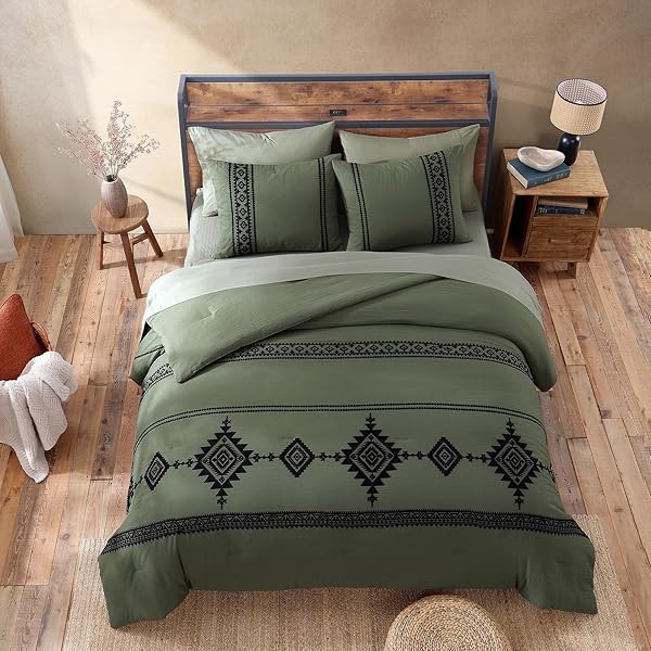 MAIRÊVE EMBROIDERY COMFORTER SET, BOHO FARMHOUSE WESTERN BEDDING SET, ALL SEASON BED IN A BAG COMFORTER SET WITH SHEETS, PILLOWCASES & SHAMS, OLIVE GREEN QUEEN 7 PIECES
