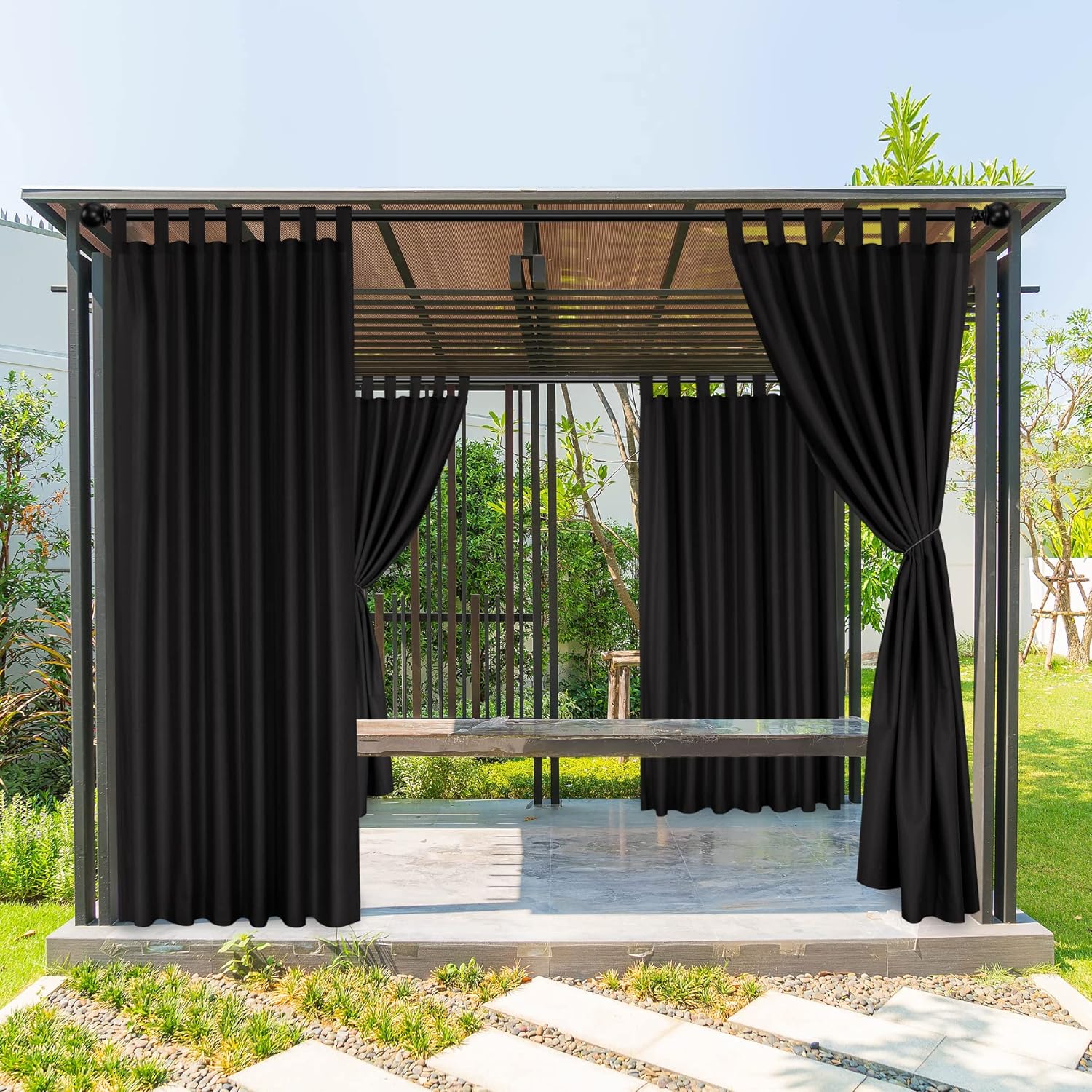 Outdoor Curtains - BONZER Waterproof Outdoor Curtains for Patio, Weatherproof Tab Top Outdoor Privacy Curtains for Porch, Pergola, Gazebo, Deck, 1 Panel, 52x95 Inch, Black
